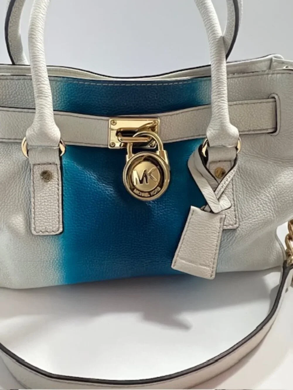 MICHAEL KORS HAMILTON EAST WEST WHITE/BLUE LOCK & KEY LEATHER SATCHEL MEDIUM EUC - Picture 7 of 15